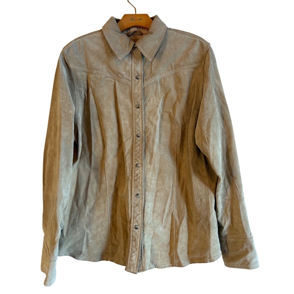Eddie Bauer Authentic Seattle Washable Suede Western Yoke Shirt Tan Snap Front L